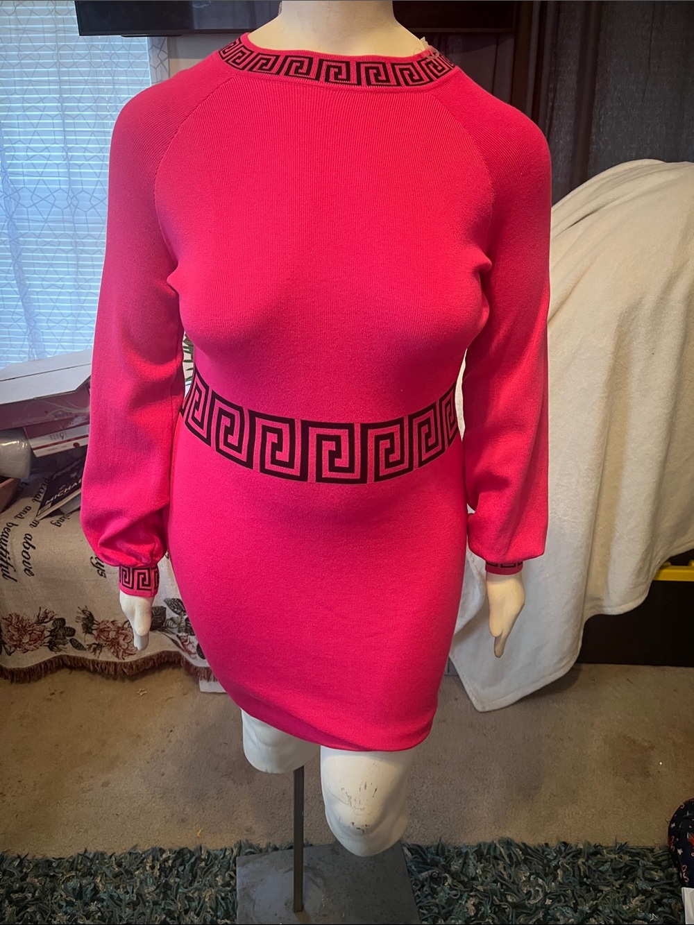 Hot Pink Plus Size Long-Sleeve Knit Dress with Geometric Trim